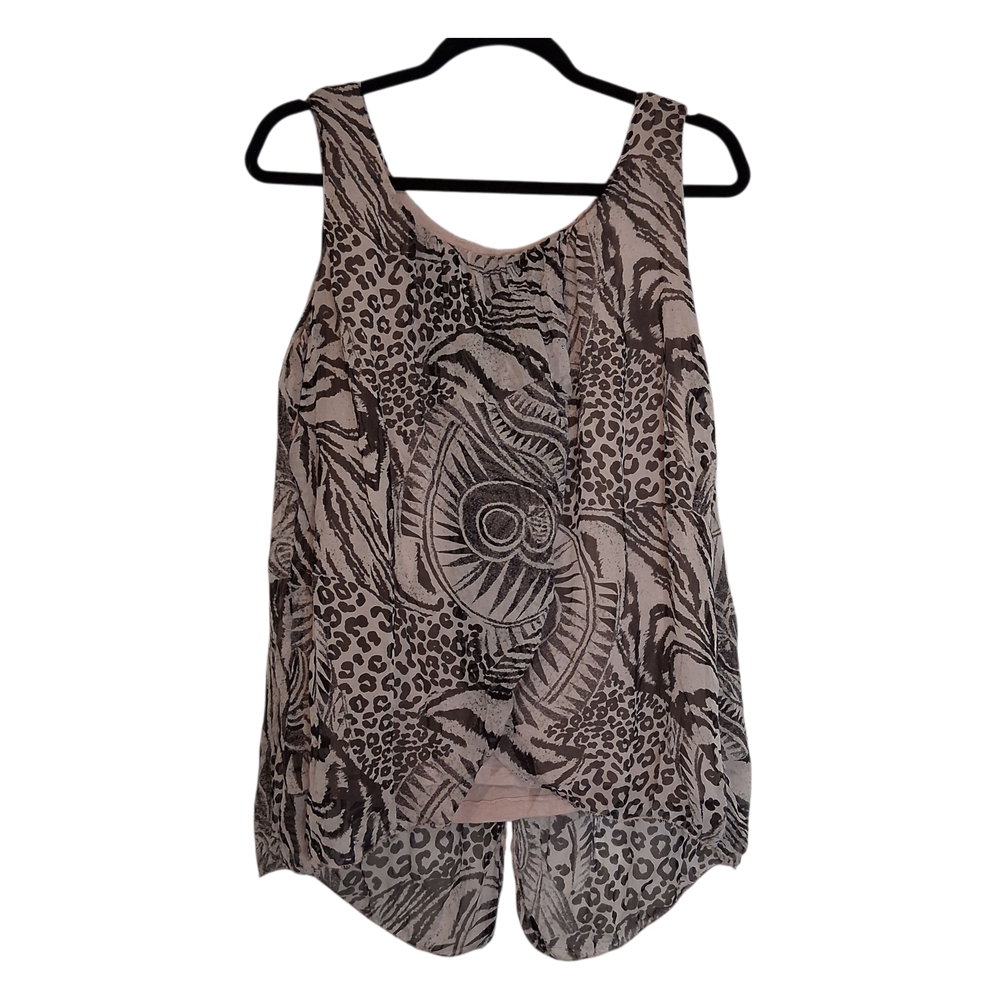 Ambra Silk Italian Flowy Sleeveless Blouse Black And Cream Animal Print Size S